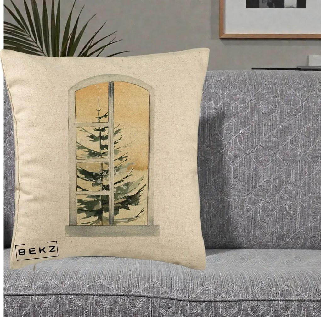 Perna Decorativa Fereastra cu Brad de Iarna, 40x40 cm, Bej, Husa Detasabila, Perna Inclusa, BEKZ®