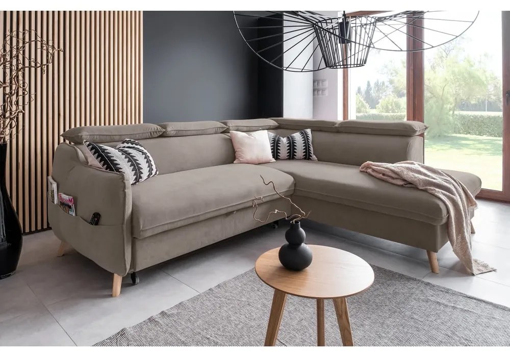 Colțar maro deschis extensibil cu tapițerie din catifea (cu colț pe partea dreaptă) Sweet Harmony – Miuform