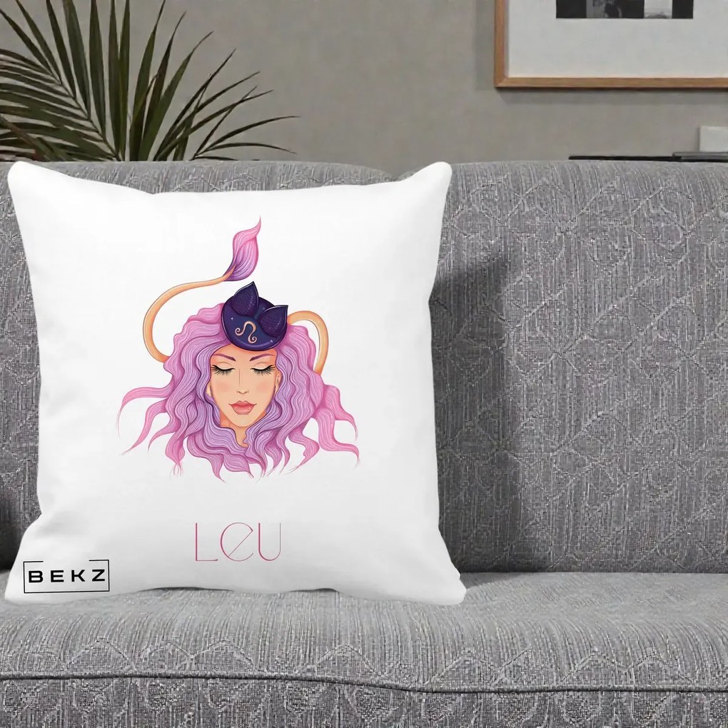 Perna Personalizata Zodie Leu, 40x40 cm, Alba Mata, Husa Detasabila, Perna Inclusa, BEKZ®