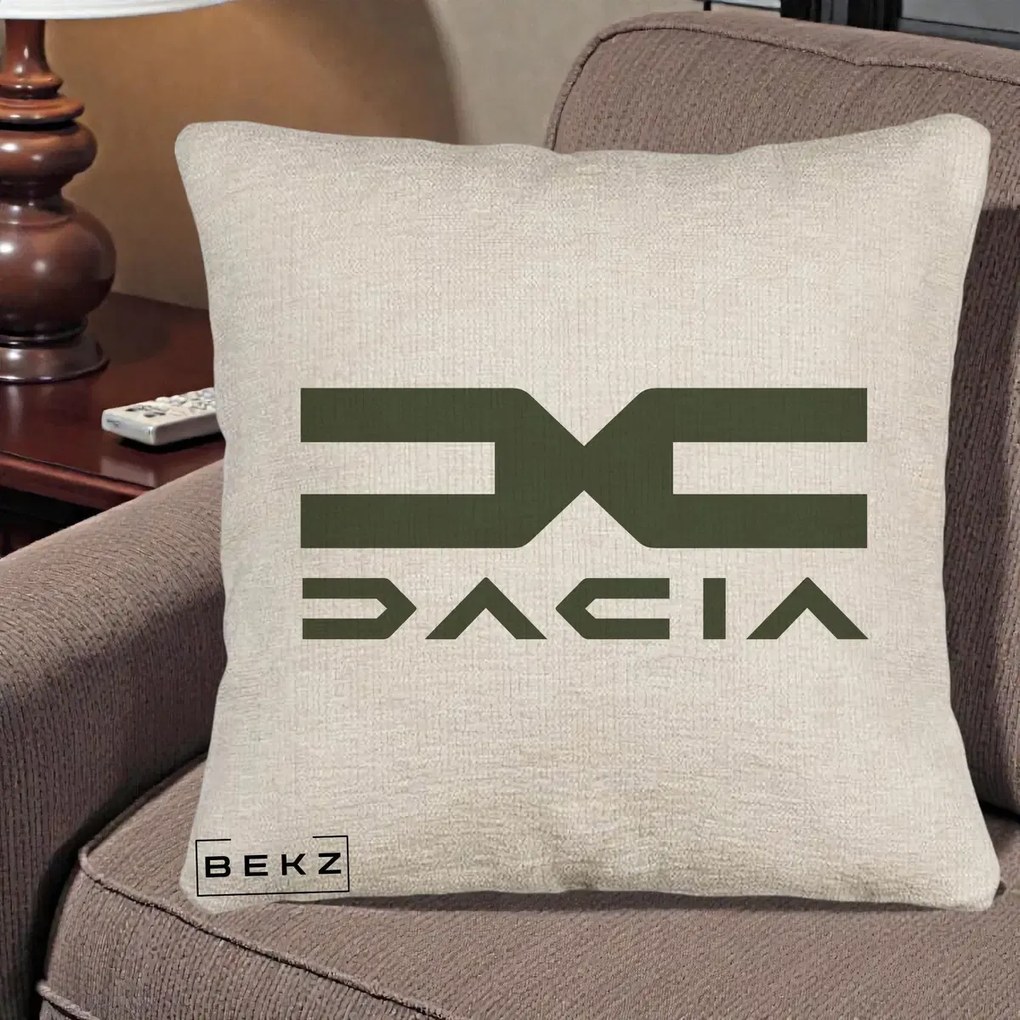 Perna Personalizata cu emblema Dacia, 40x40 cm, Bej Canapea, Husa Detasabila, Perna Inclusa, BEKZ®