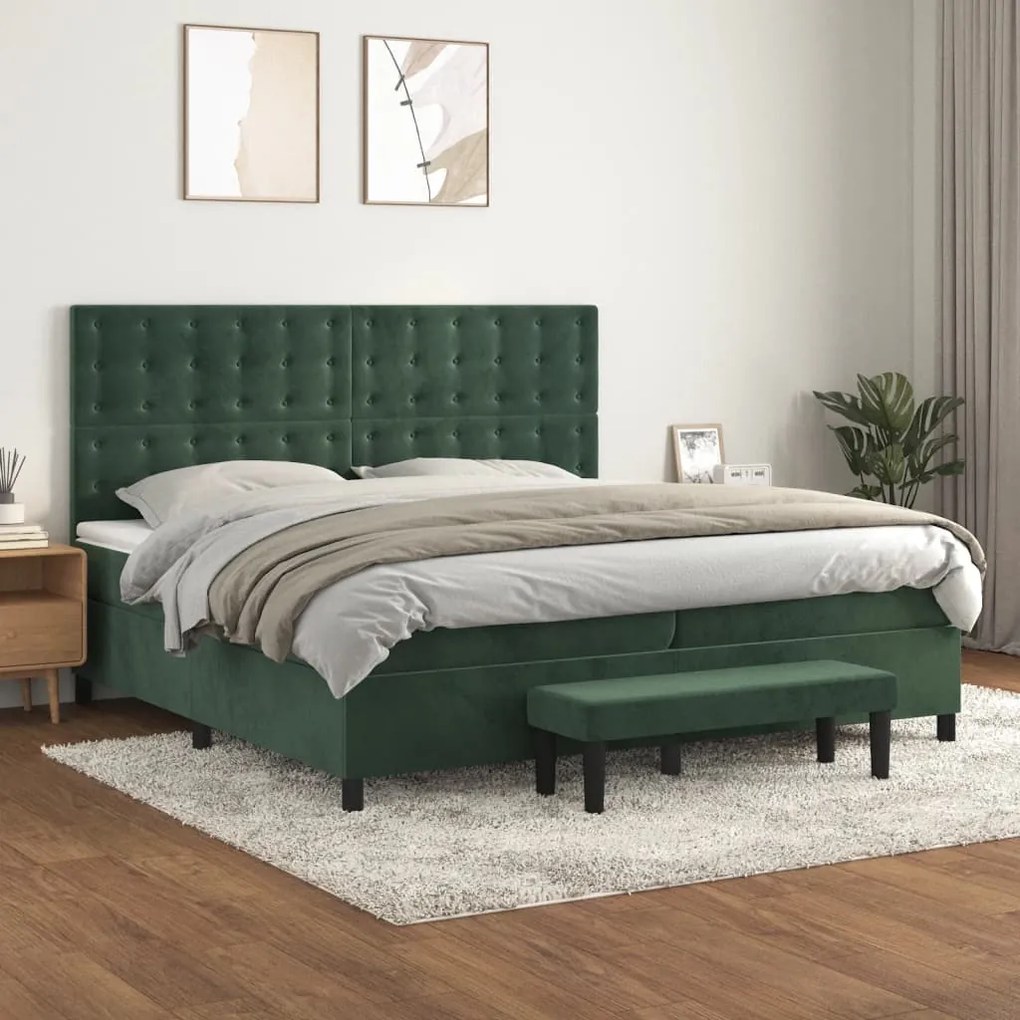vidaXL Pat box spring cu saltea, verde închis, 200x200 cm, catifea