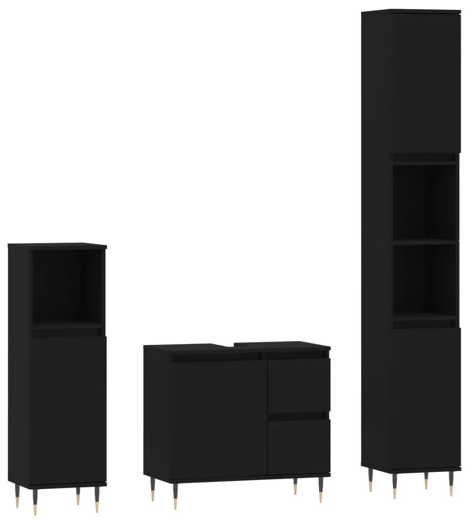 3190214 vidaXL Set mobilier de baie, 3 piese, negru, lemn compozit