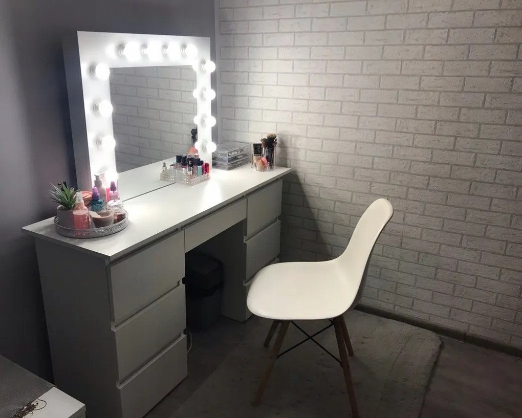 Masuta machiaj cu Oglinda LED si 7 Sertare pentru Cosmetice, Set Masa toaleta 120 cm, Alb, masuta cosmetica, vanity - SEA516