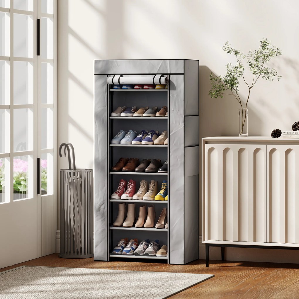 HOMCOM Pantofar cu 7 rafturi din oțel, cu husă din material nețesut, 60 x 30 x 126 cm, gri | Aosom Romania