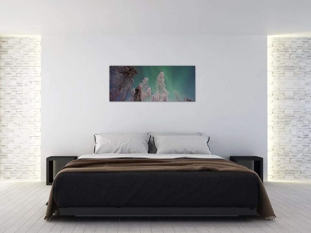 Tablou cu aurora borealis deasupra pomilor înghețați (120x50 cm)