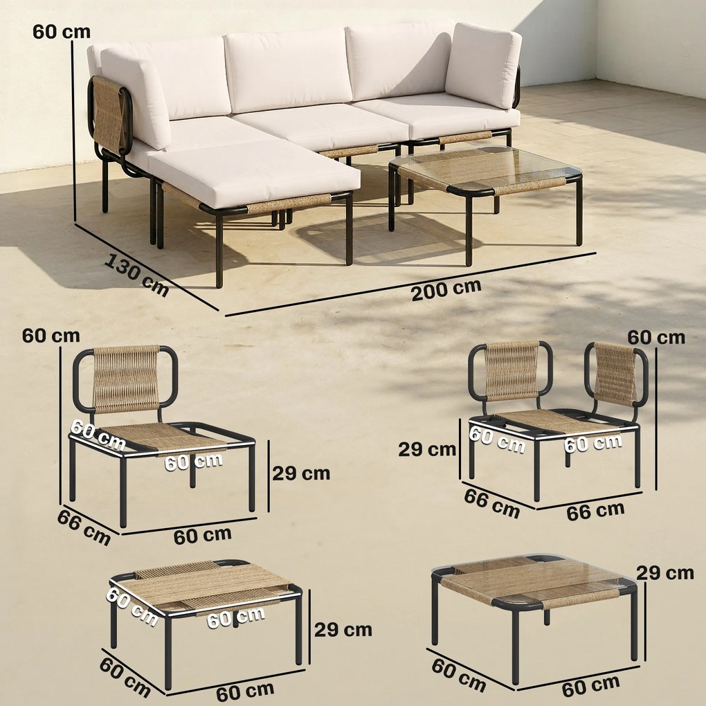 Outsunny Set mobilier gradină din polyrattan 5 piese Set lounge cu 3 fotolii masă cu sticlă taburet scaune late și adânci perne detașabile | Aosom Romania