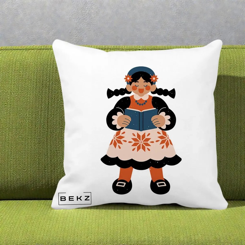Perna Personalizata Fetita cu Carte Ilustratie Folk, 40x40 cm, Alba Mata, Husa Detasabila, Perna Inclusa, BEKZ®