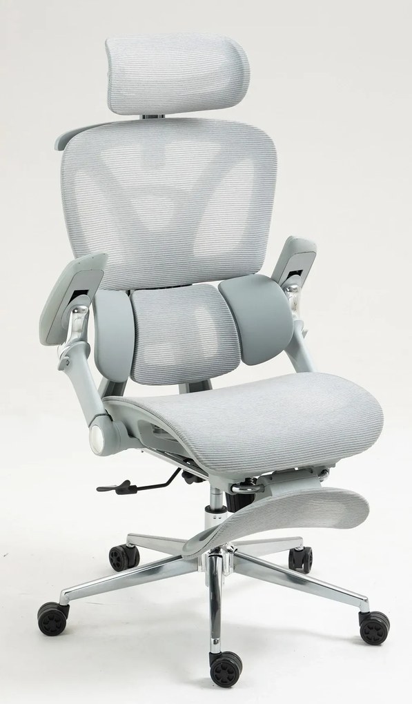 RESIGILAT- METACHAIR DORO Scaun ergonomic, cotiere 6D, suport lombar dinamic, spătar reglabil înălțime, tetieră 2D, suport picioare, mecanism multifunctional inclinare/blocare, pivotant, Mesh, Gri