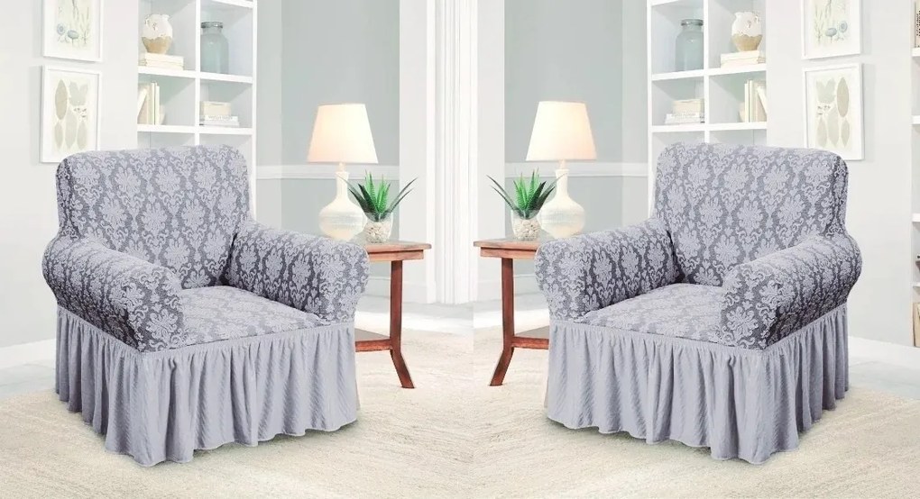 Set 2 Huse elastice pentru fotolii, cu volanas si model Jacquard Gri