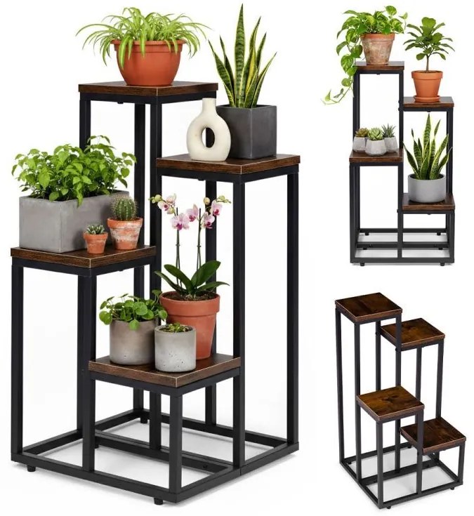 Suport pentru flori Loft - 4 rafturi, oțel negru și decor din lemn