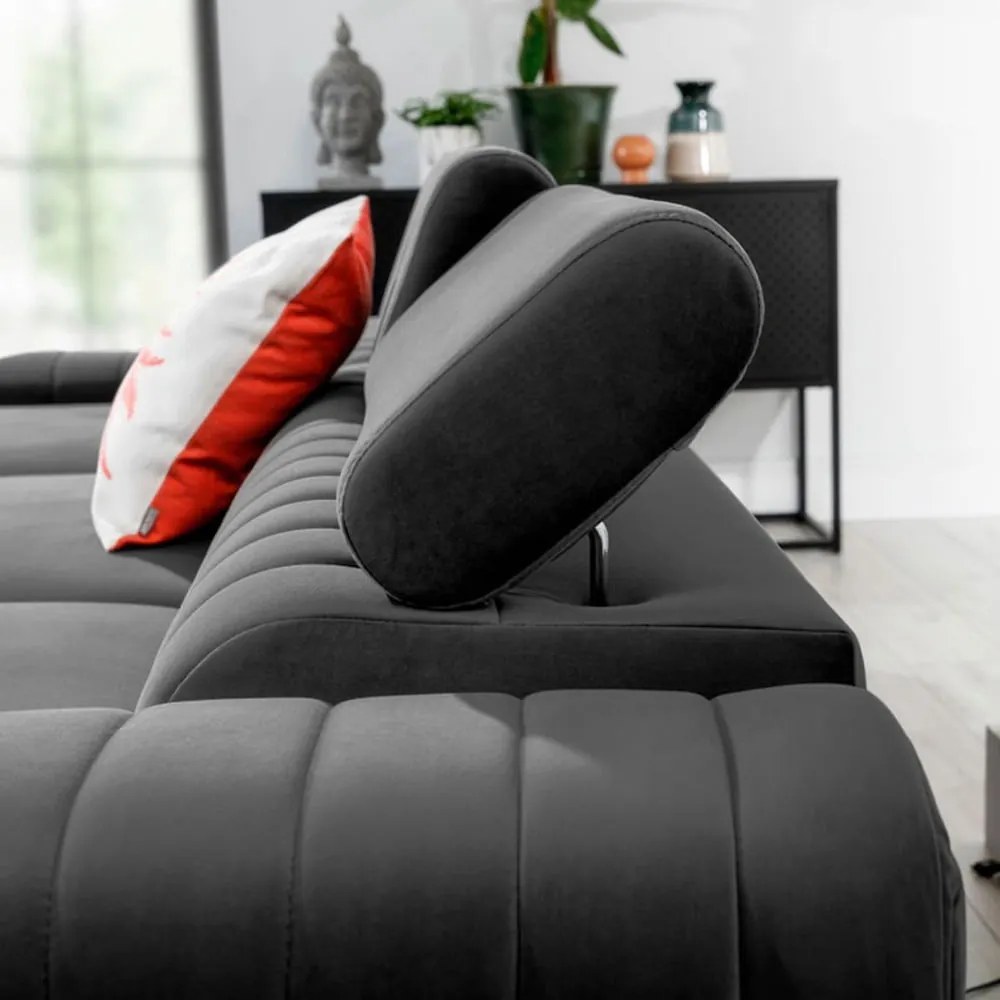 Colțar gri închis extensibil/cu spațiu de depozitare cu tapițerie din catifea (cu colț pe partea stângă/cu șezlong) Grayson – ELTAP