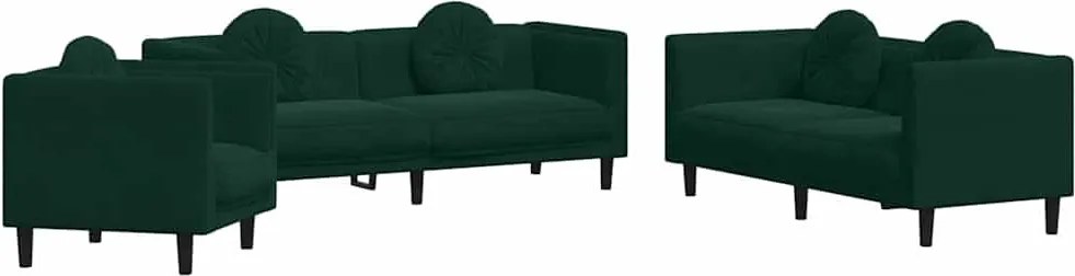 vidaXL Set canapea cu perne, 3 piese, verde închis, catifea