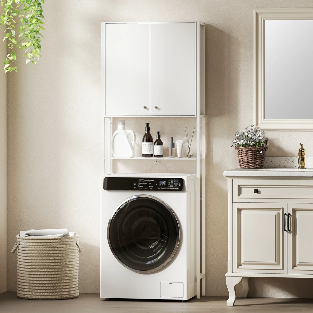 Mobilier HOMCOM pentru Baie Deasupra WC-ului cu Dulap și Raft Deschis, Mobilier Salvaspazio cu Picioare din Metal pentru Baie și Spălătorie, 64x20x180 cm, Alb | Aosom Romania