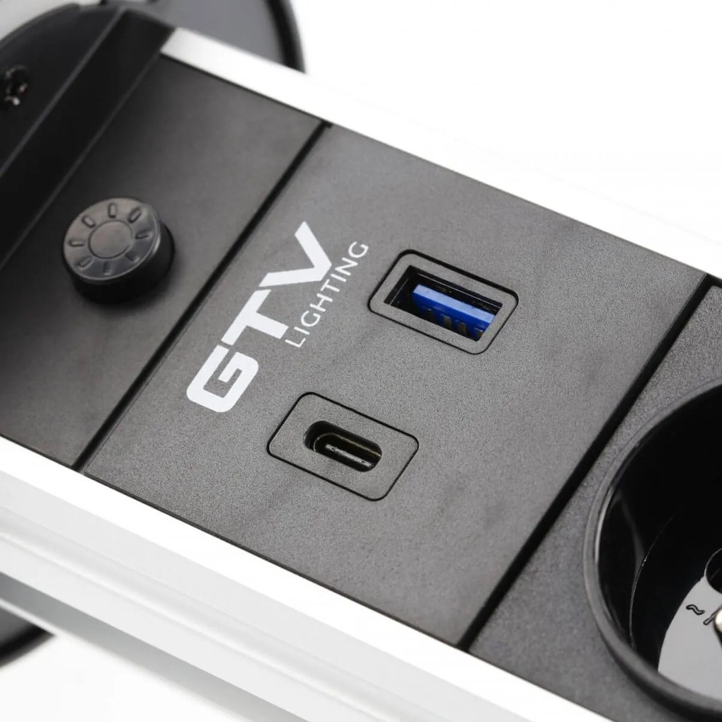 Priza incorporabila turn, 2 prize schuko, USB A+C, incarcare Wireless 10 W, lumina de veghe, cablu 1.5 m, neagra, GTV