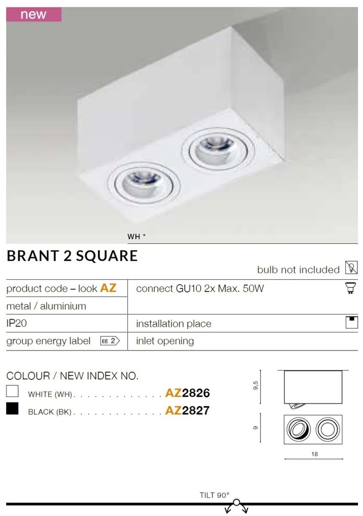 Spot aplicat tavan/plafon stil modern Brant 2 SQUARE alb