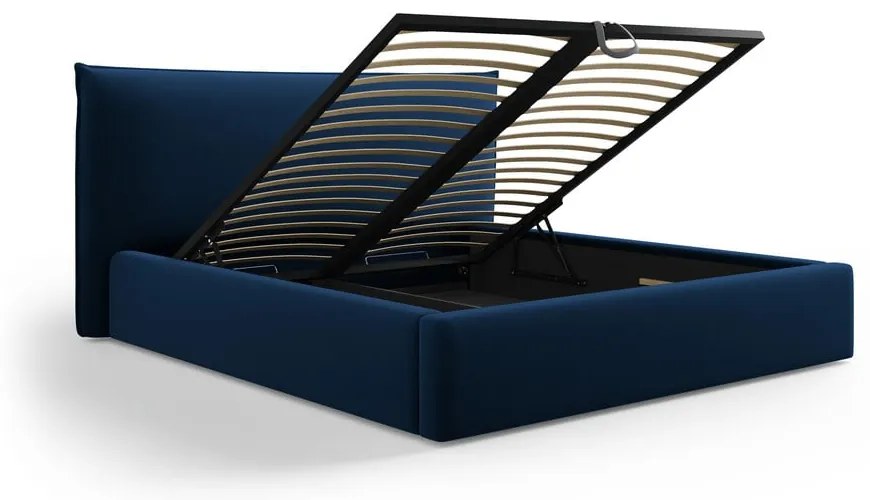 Pat matrimonial albastru închis tapițat cu spațiu de depozitare cu somieră 160x200 cm Elio – Milo Casa