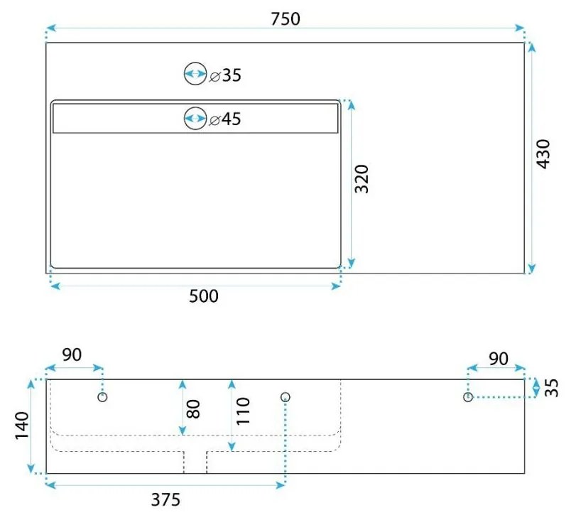 Rea Archi 75 lavoar 75x43 cm dreptunghiular de blat alb REA-U4300