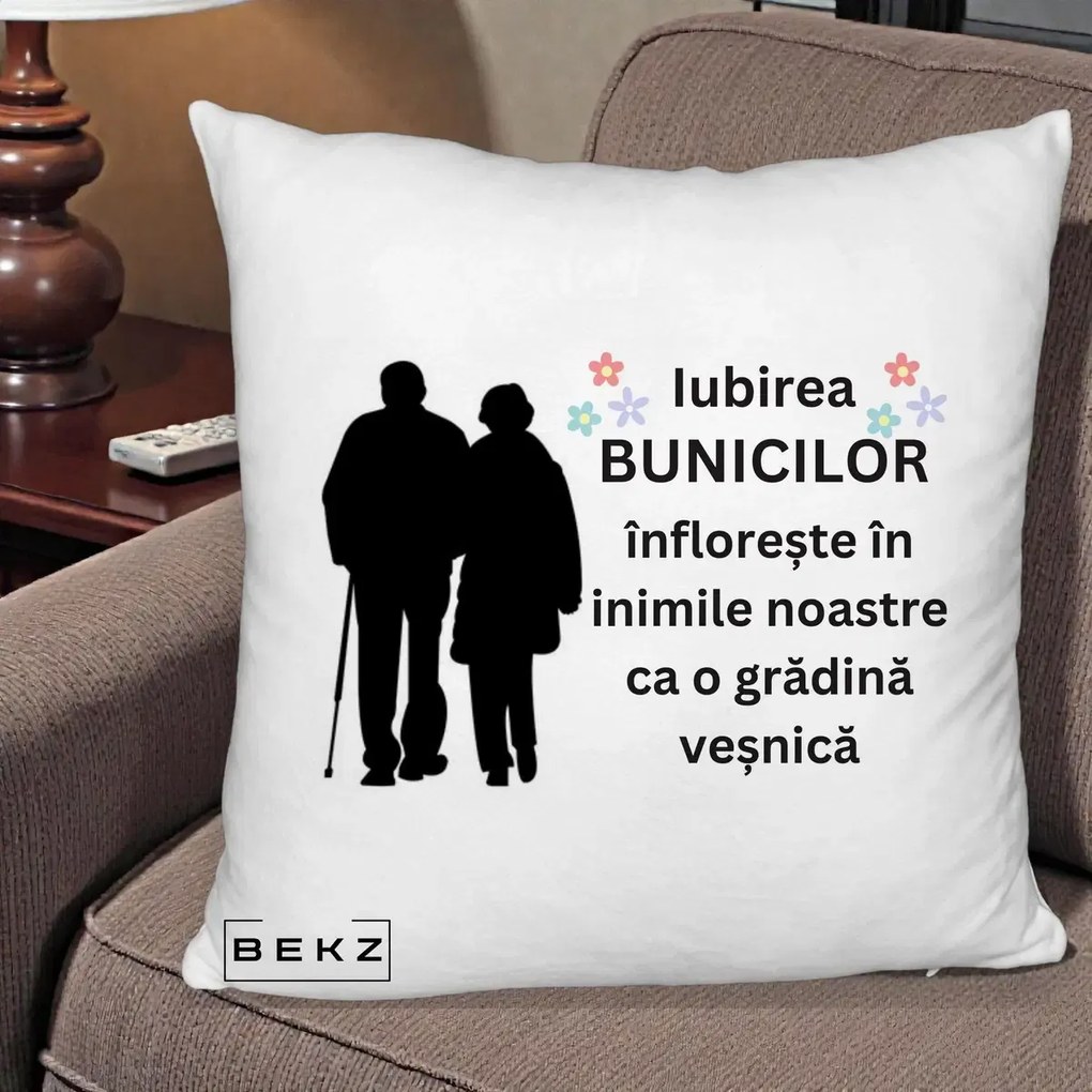 Cadou pentru Bunici - Perna Personalizata Bunicii Iubirea Infloreste Silueta Neagra Flori, 40x40 cm, Alb Pufos, Husa Detasabila, Perna Inclusa, BEKZ®