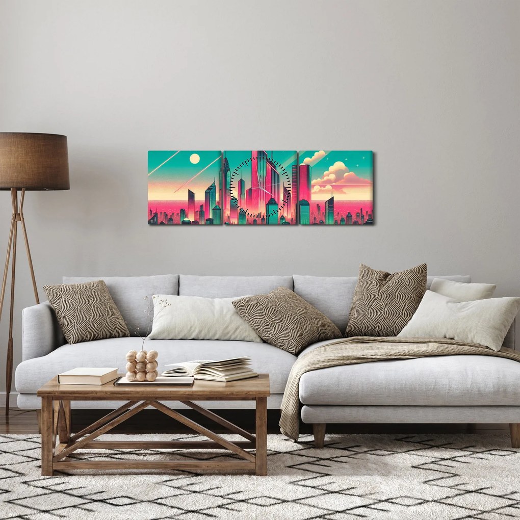 Tablou – Metropolă în stil pop-art (cu ceas) (90x30 cm)