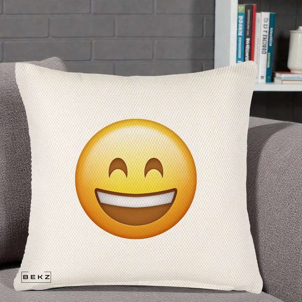 Perna Decorativa Emoji Zambet Mare, 40x40 cm, Crem Reliefat, Husa Detasabila, Perna Inclusa, BEKZ®