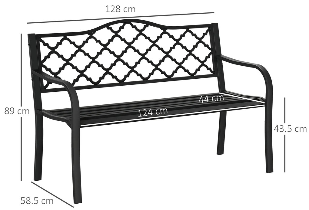 Outsunny Bancă de Grădină cu 2 Locuri, din Oțel și Fontă, Design Clasic, 128x58.5x89 cm, Negru | Aosom Romania