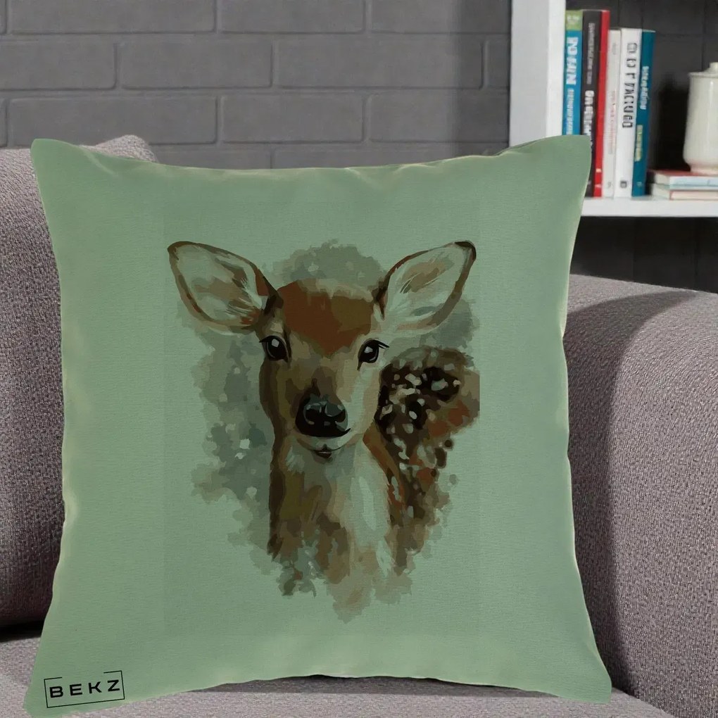 Perna Decorativa Caprioara Pui Acuarela, 40x40 cm, Verde, Husa Detasabila, Perna Inclusa, BEKZ®