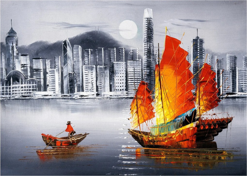 Tablou pe sticlă - Victoria Harbour, Hong Kong, pictură în ulei alb- negru (70x50 cm)