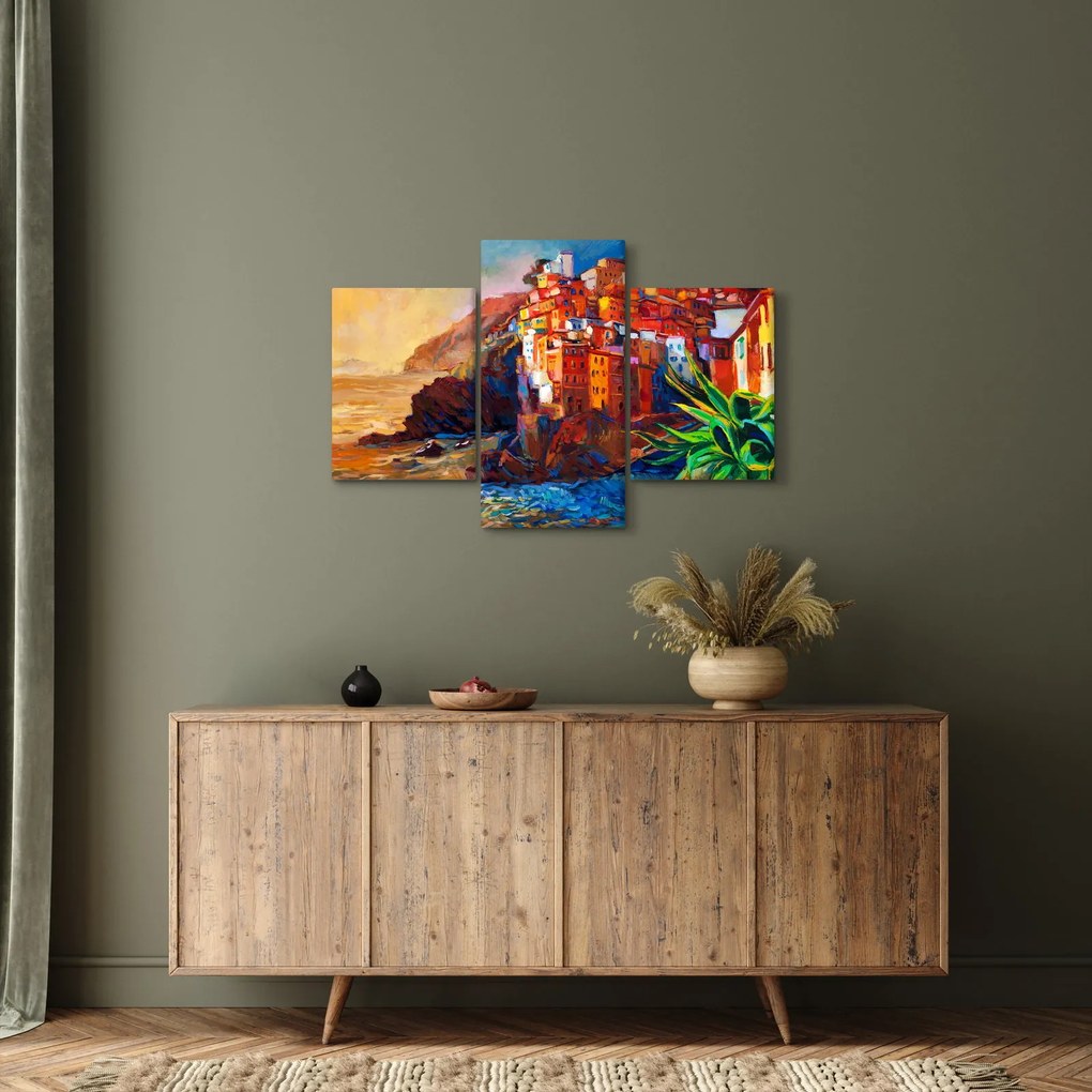Tablou - Satul de coastă Cinque Terre, Riviera italiană, impresionismul modern (90x60 cm)