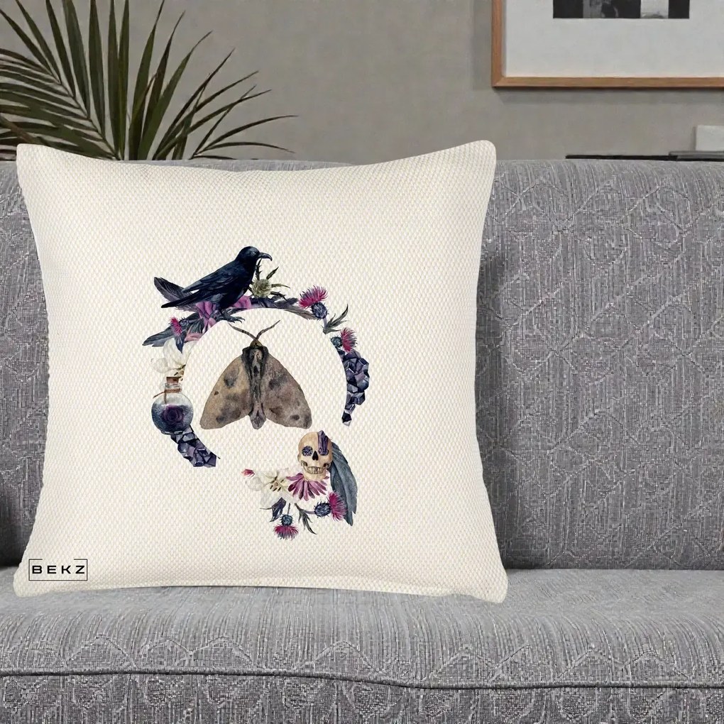 Perna Decorativa Gothic Wreath Corb Moliu Craniu, 40x40 cm, Crem Reliefat, Husa Detasabila, Perna Inclusa, BEKZ®