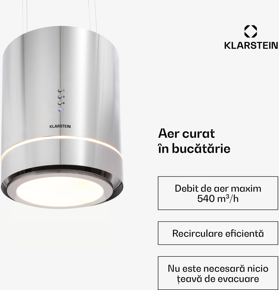 Klarstein Tron Ambience, hotă tip insulă, Ø 38 cm, convecție 540 m³/h, LED, oțel inoxidabil