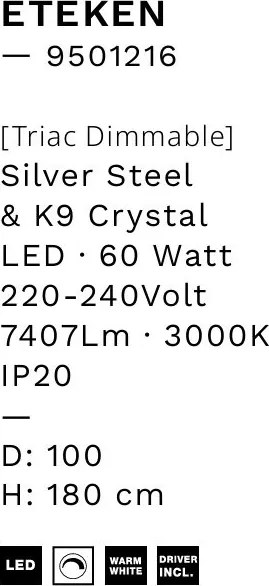 Lustra LED design circular, Otel, Argintiu, Cristal K9, ETEKEN NVL-9501216