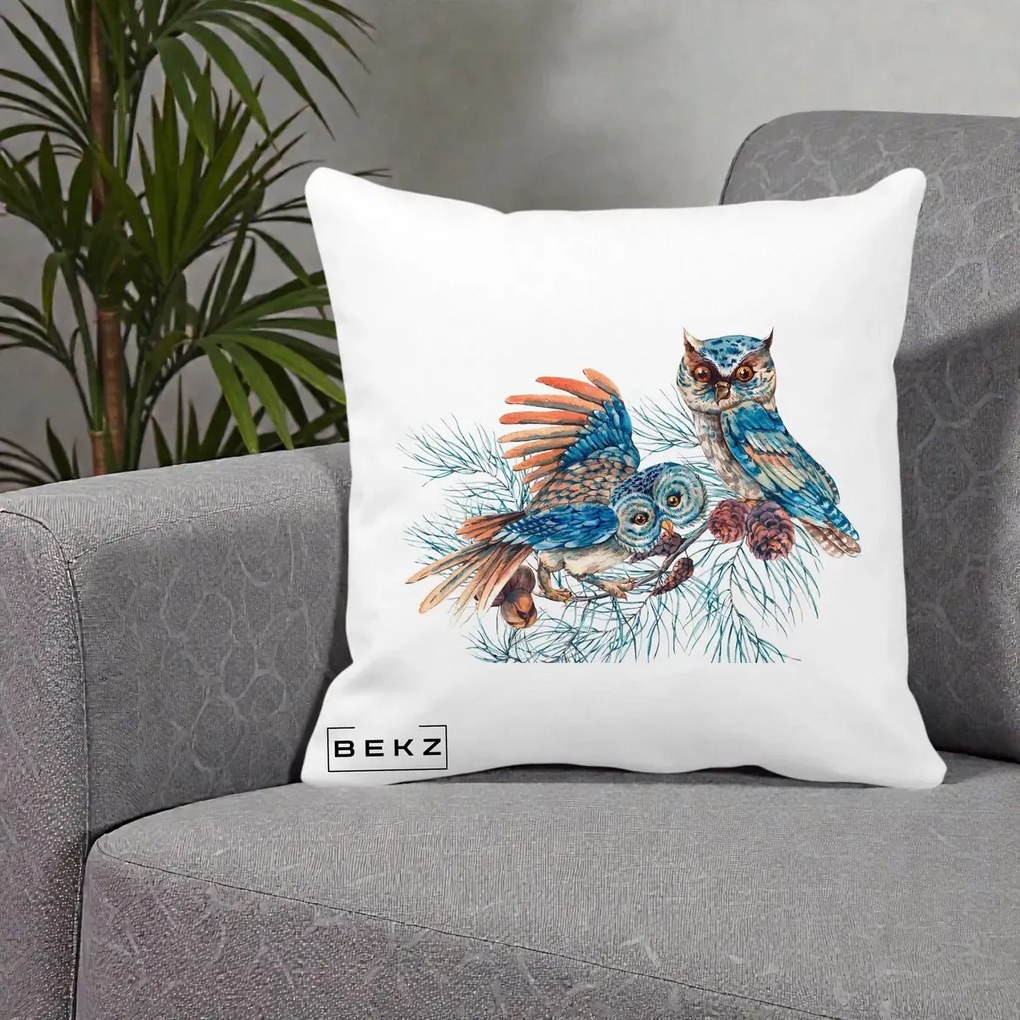 Perna Decorativa Bufnite de Iarna Albastre, 40x40 cm, Alba Mata, Husa Detasabila, Perna Inclusa, BEKZ®