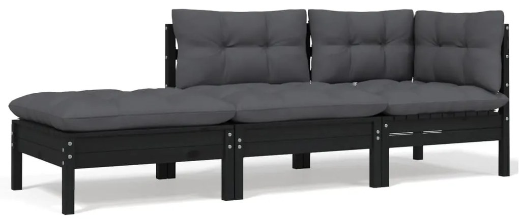 806668 vidaXL Set mobilier grădină cu perne, 3 piese, negru, lemn masiv pin