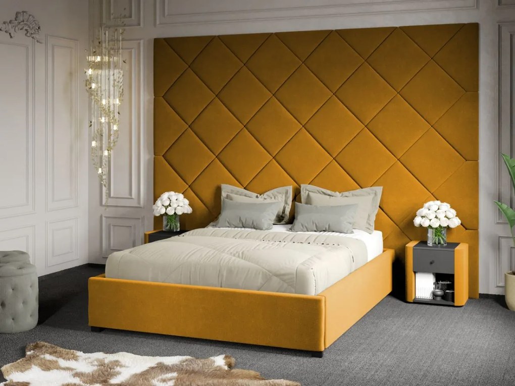 Pat Tapitat cu Panou 305x228 C3 Dubai cu somiera fixa Galben - Velluto 8 180x200