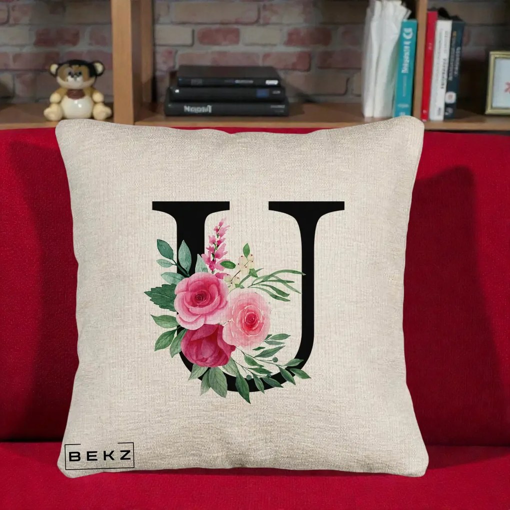 Cadou Personalizat - Perna Personalizata Monograma Florala Litera U, 40x40 cm, Bej Canapea, Husa Detasabila, Perna Inclusa, BEKZ®