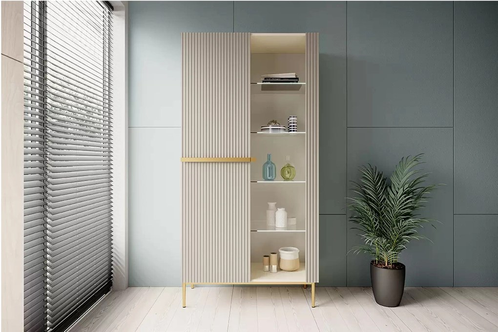 Vitrina Nicole 100 cm cu fata canelata - cashmir / picioare aurii