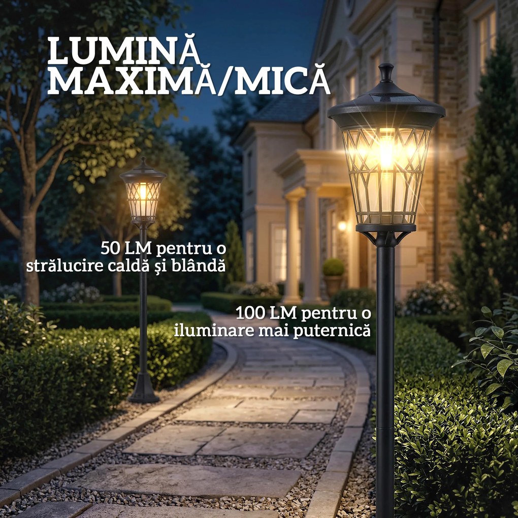 Outsunny Set de 2 Felinare Solare de Grădină 1.86 m, Lămpi de Exterior din Oțel Inoxidabil cu Înălțime Reglabilă, 2 Moduri de Lumină, IP44 Impermeabil pentru Terasă Curte Alei | Aosom Romania