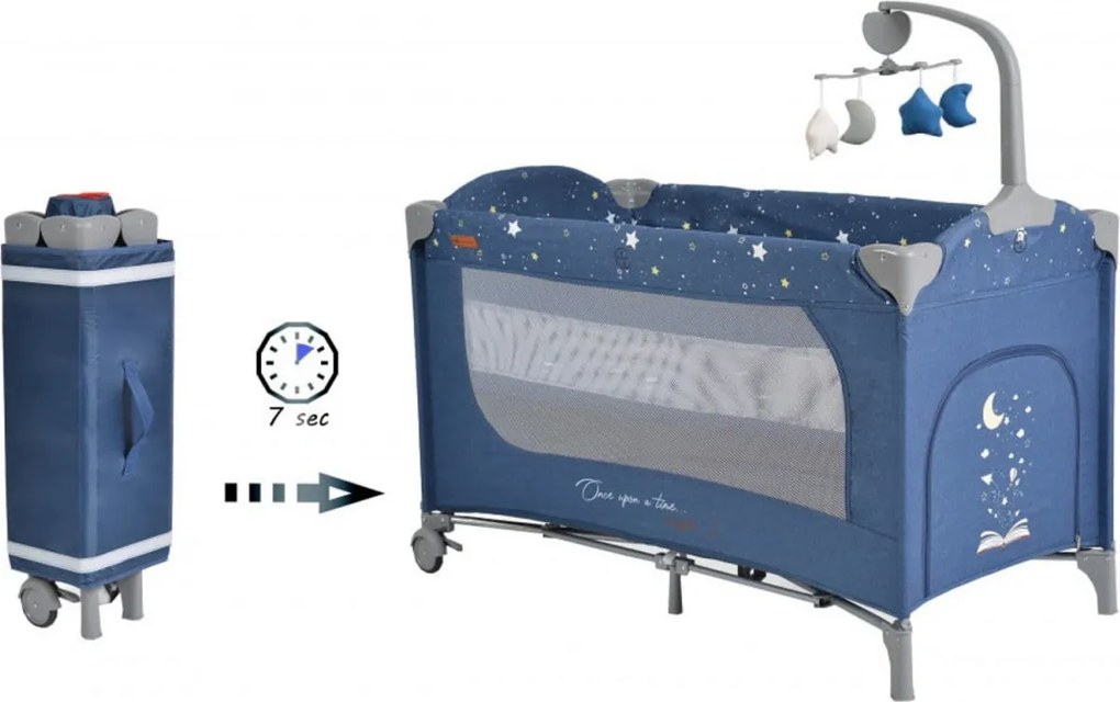 Patut pliant transformabil in tarc copii NOVOKIDS™ Onceuponatime NEST, 62X125 cm, 2 Niveluri, Jucarie Carusel muzical, Fermoar acces lateral, Albastru