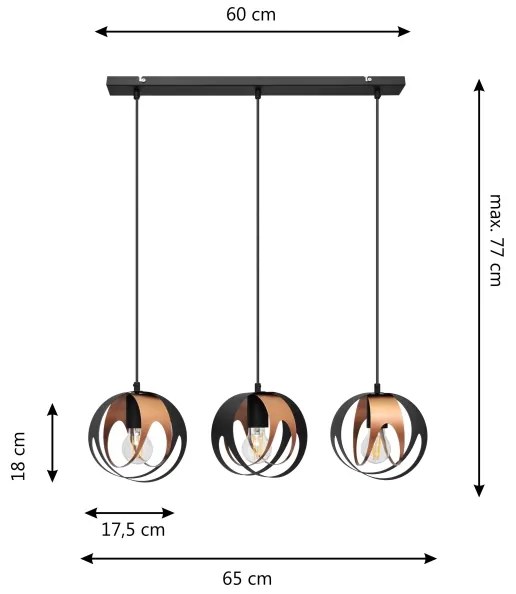 Lustră pe cablu MOONLIGHT 3xE27/15W/230V neagră/cupru