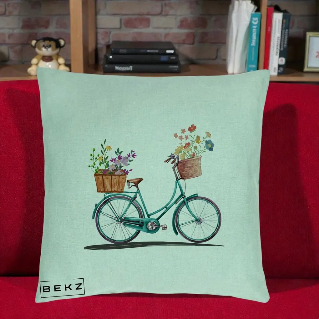 Perna Decorativa Bicicleta Florala Turcoaz Acuarela, 40x40 cm, Verde Menta, Husa Detasabila, Perna Inclusa, BEKZ®