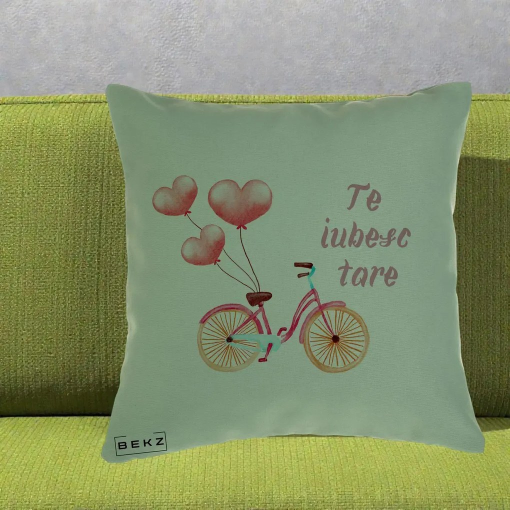 Perna Decorativa Te Iubesc Tare cu Bicicleta Roz si Baloane Inima, 40x40 cm, Verde, Husa Detasabila, Perna Inclusa, BEKZ®