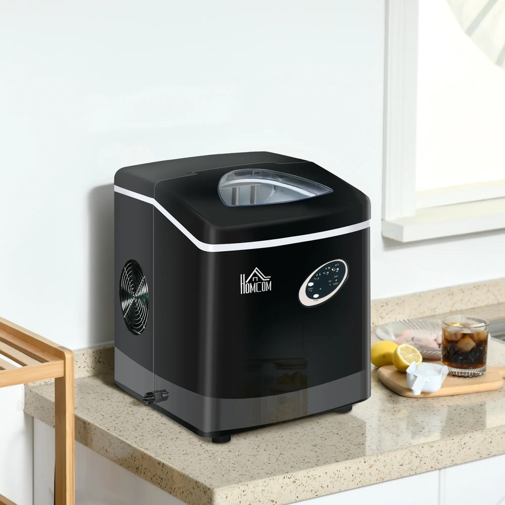 HOMCOM Mașină de Făcut Gheață Rapidă 15kg/24h Compactă Ușor de Utilizat Negru | Aosom Romania