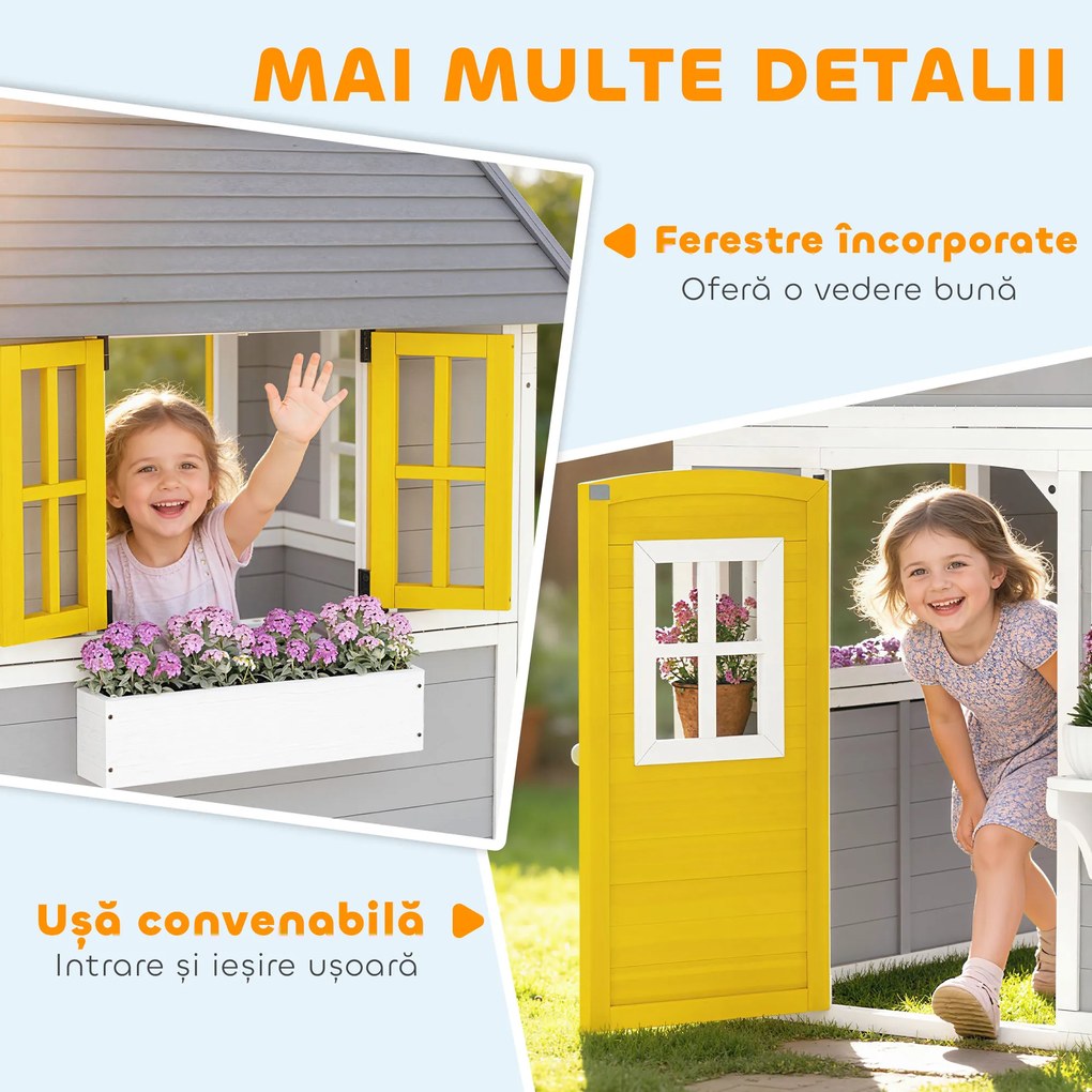 Outsunny Căsuță din Lemn pentru Copii 3-8 Ani, Căsuță de Grădină cu Ferestre, Acoperiș Înclinat, Ghivece și Jardiniere, Gri, Galben, Alb | Aosom Romania