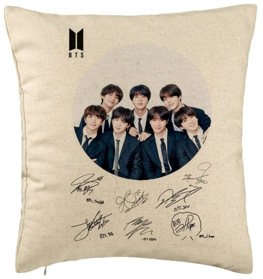 Perna Decorativa BTS Army in Costum cu Semnaturi, 40x40 cm, Bej, Husa Detasabila, Burduf