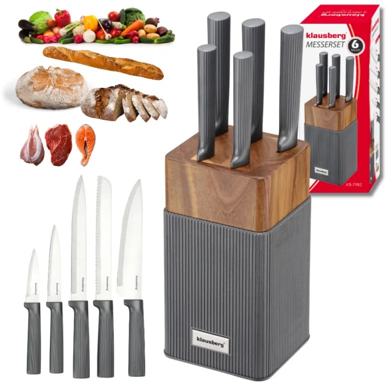 Set cuțite Klausberg KB 7982, 6 piese, Oțel inoxidabil, Mâner lemn de salcâm, Grafit/maro