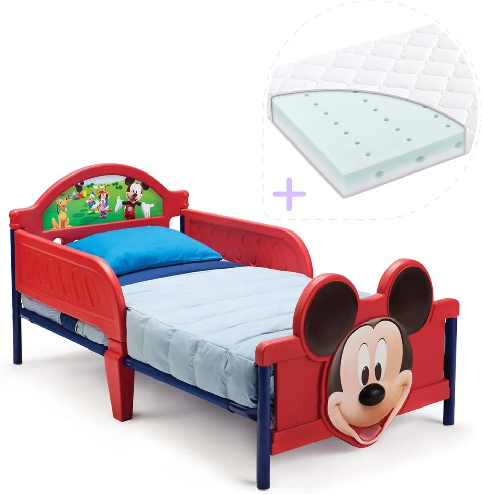 Set pat cu cadru metalic Disney Mickey Mouse 3D si saltea pentru patut Dreamily - 140 x 70 x 10 cm