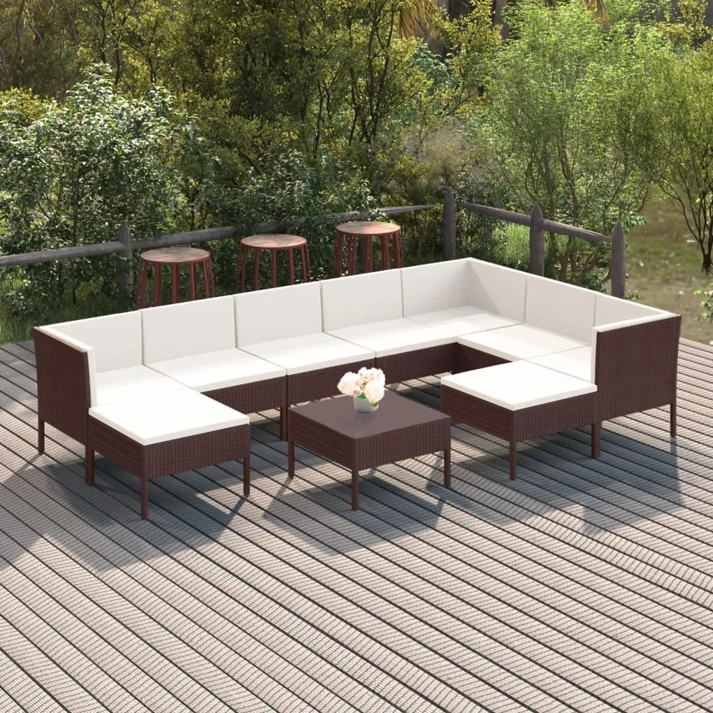 3094435 vidaXL Set mobilier de grădină cu perne, 10 piese, maro, poliratan