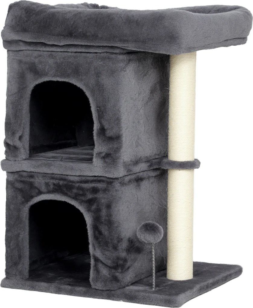 PawHut Ansamblu de joacă pentru pisici de până la 7 kg cu 2 căsuțe, pat și stâlp de sisal, 66cm, Gri | Aosom Romania