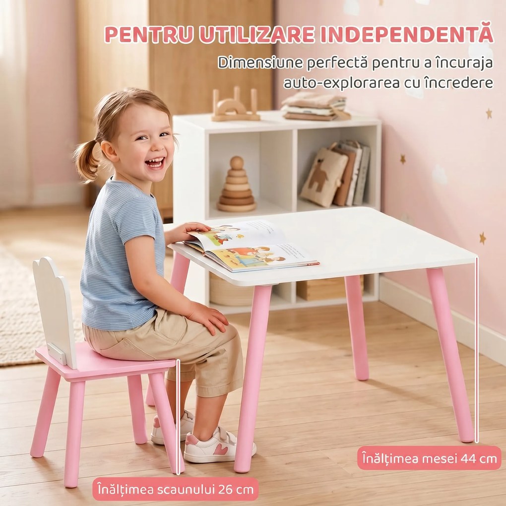 AIYAPLAY Set Masă și 2 Scaune Copii 3-6 Ani cu Margini Rotunjite Temă Vată de Zahăr, MDF, Roz | Aosom Romania