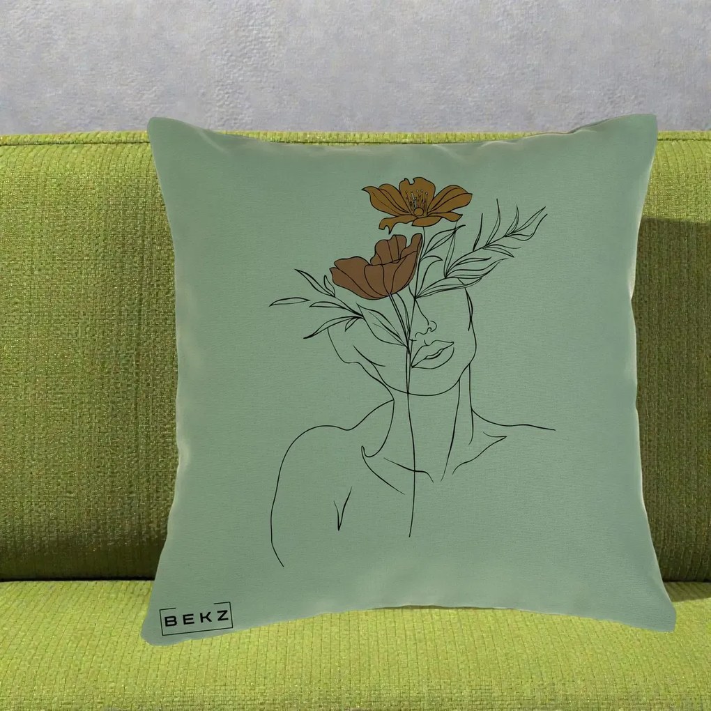 Perna Decorativa Portret Feminin Doua Flori, 40x40 cm, Verde, Husa Detasabila, Perna Inclusa, BEKZ®